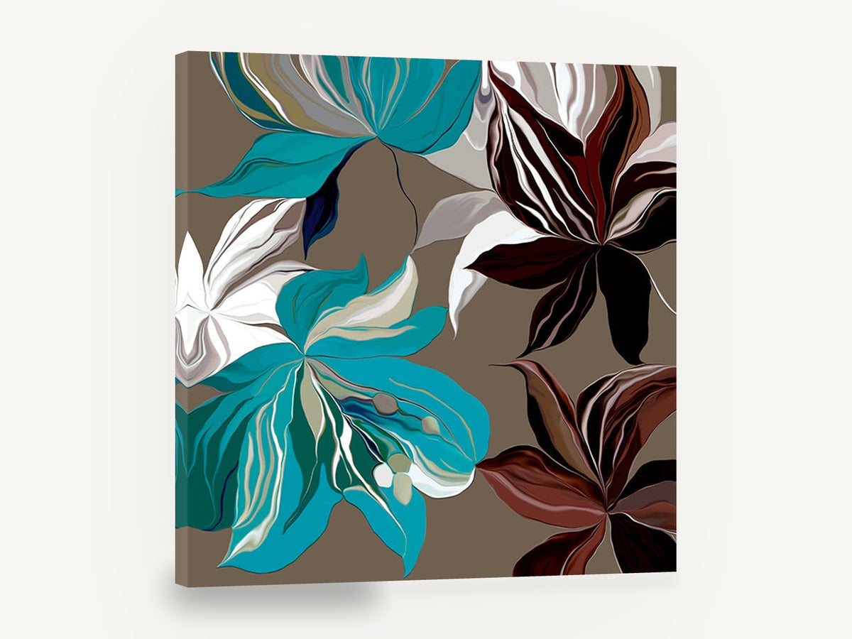 Teal and Burgundy Blooms, teal and burgundy abstract floral illustration, floral canvas wall art print ready to hang