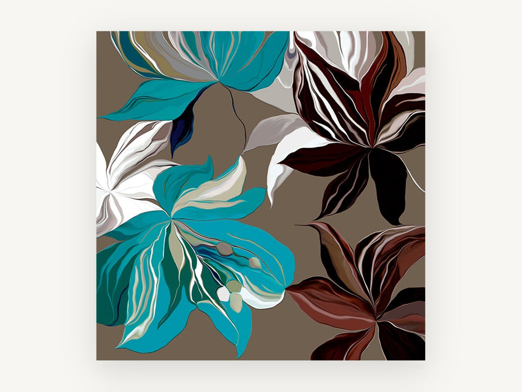 Teal and Burgundy Blooms, floral canvas wall art print, front view