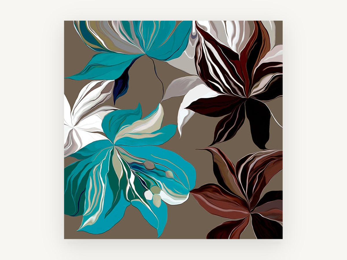 Teal and Burgundy Blooms, floral canvas wall art print, front view