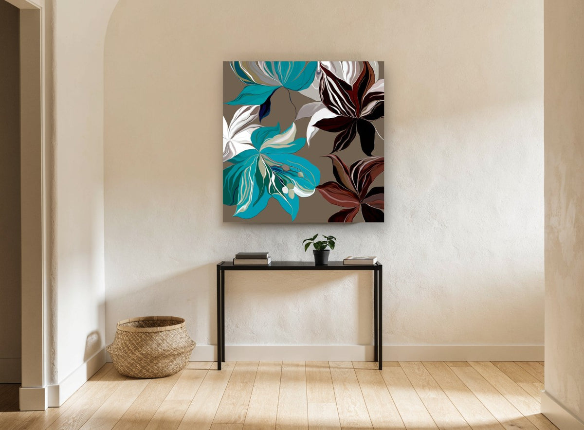 Teal and Burgundy Blooms floral canvas print on the wall of a hallway