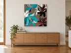 Teal and Burgundy Blooms floral canvas print on the wall of a living room above a sideboard