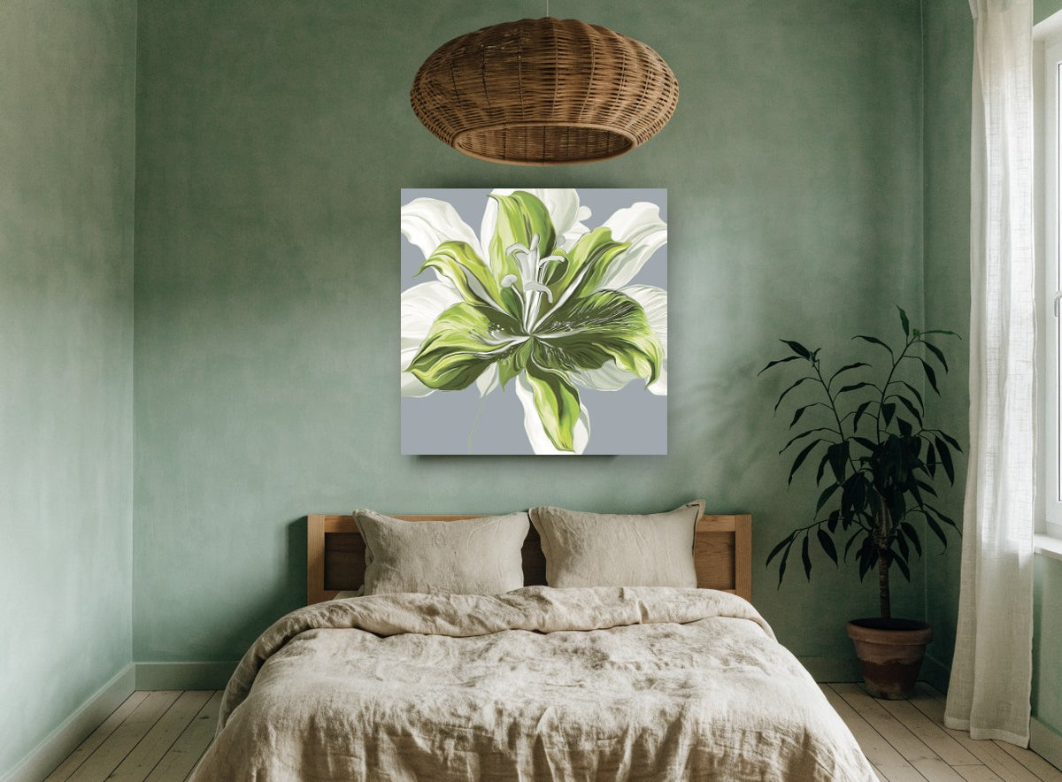 Green Lily Bloom floral canvas print on the wall of a bedroom