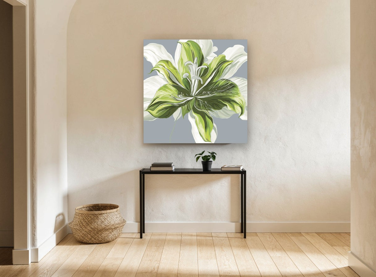 Green Lily Bloom floral canvas print on the wall of a hallway