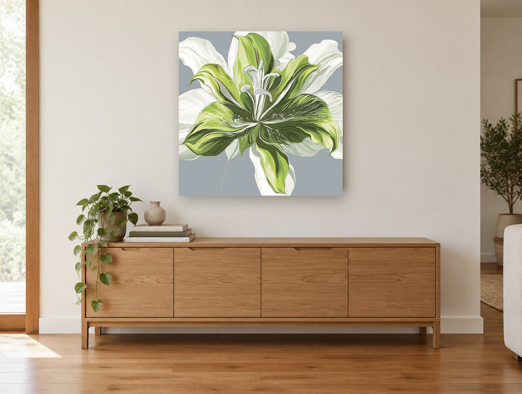 Green Lily Bloom floral canvas print on the wall of a living room above a sideboard