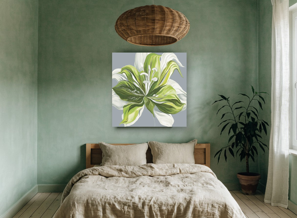 Green Lily Bloom floral canvas print on the wall of a bedroom