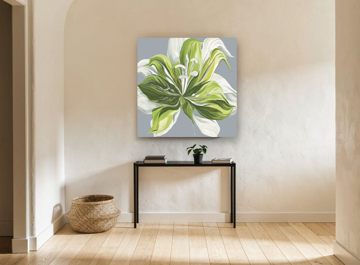 Green Lily Bloom floral canvas print on the wall of a hallway