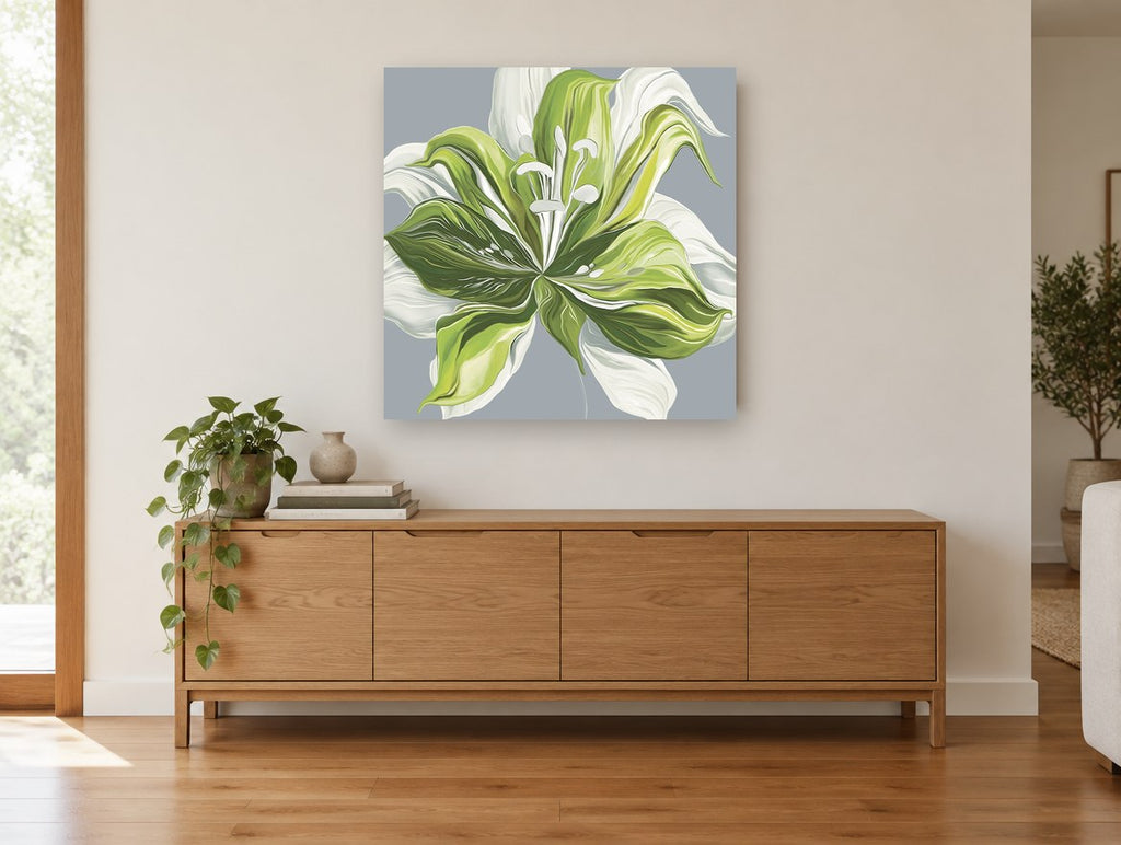 Green Lily Bloom floral canvas print on the wall of a living room above a sideboard