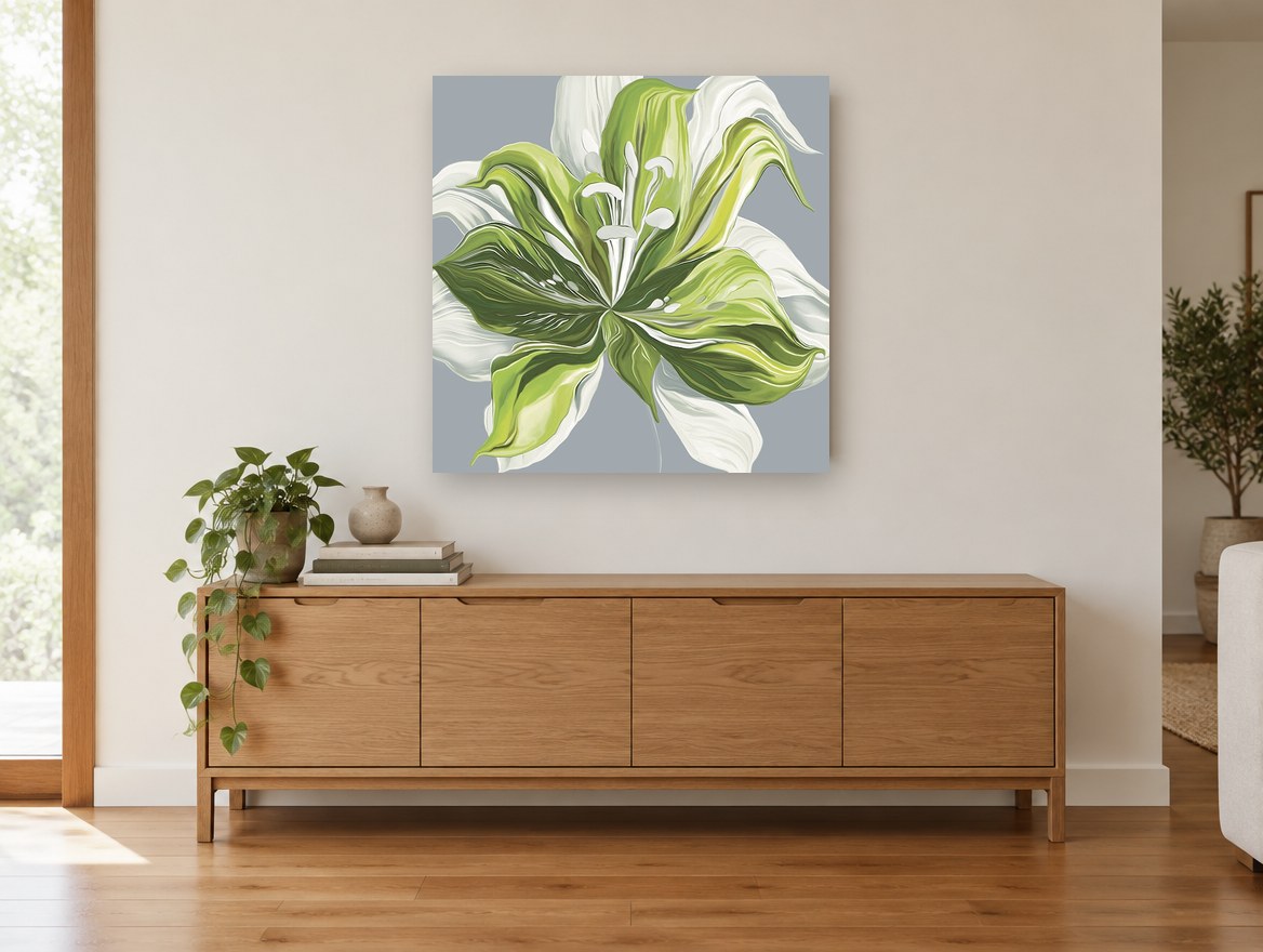 Green Lily Bloom floral canvas print on the wall of a living room above a sideboard