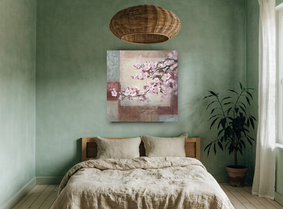 Blossom Branch Patchwork floral canvas print on the wall of a bedroom
