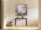Blossom Branch Patchwork floral canvas print on the wall of a hallway