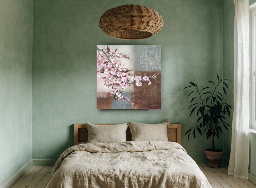 Blossom on Damask Blocks floral canvas print on the wall of a bedroom