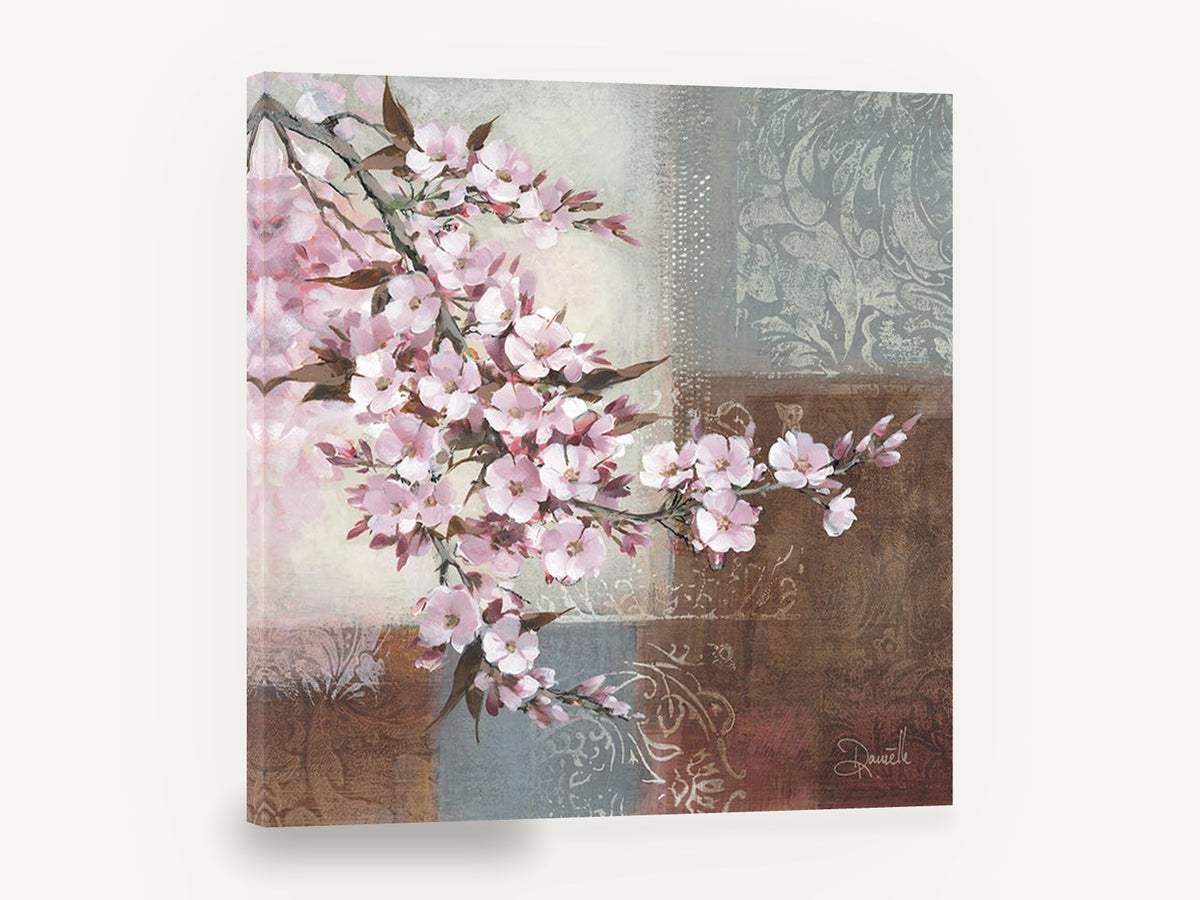 Blossom on Damask Blocks, pink cherry blossom branch painting, floral canvas wall art print ready to hang