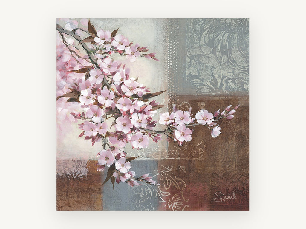 Blossom on Damask Blocks, floral canvas wall art print, front view