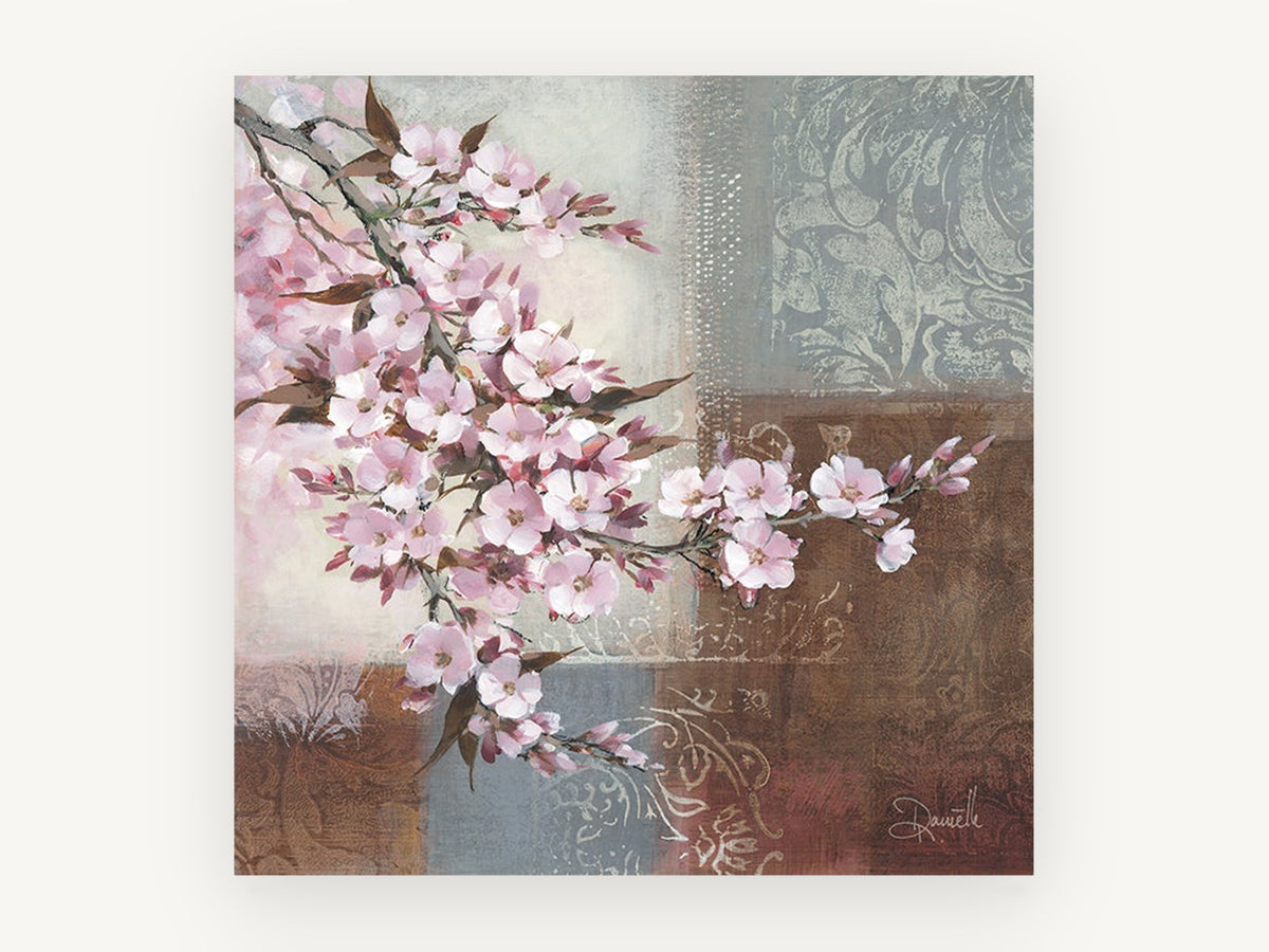 Blossom on Damask Blocks, floral canvas wall art print, front view