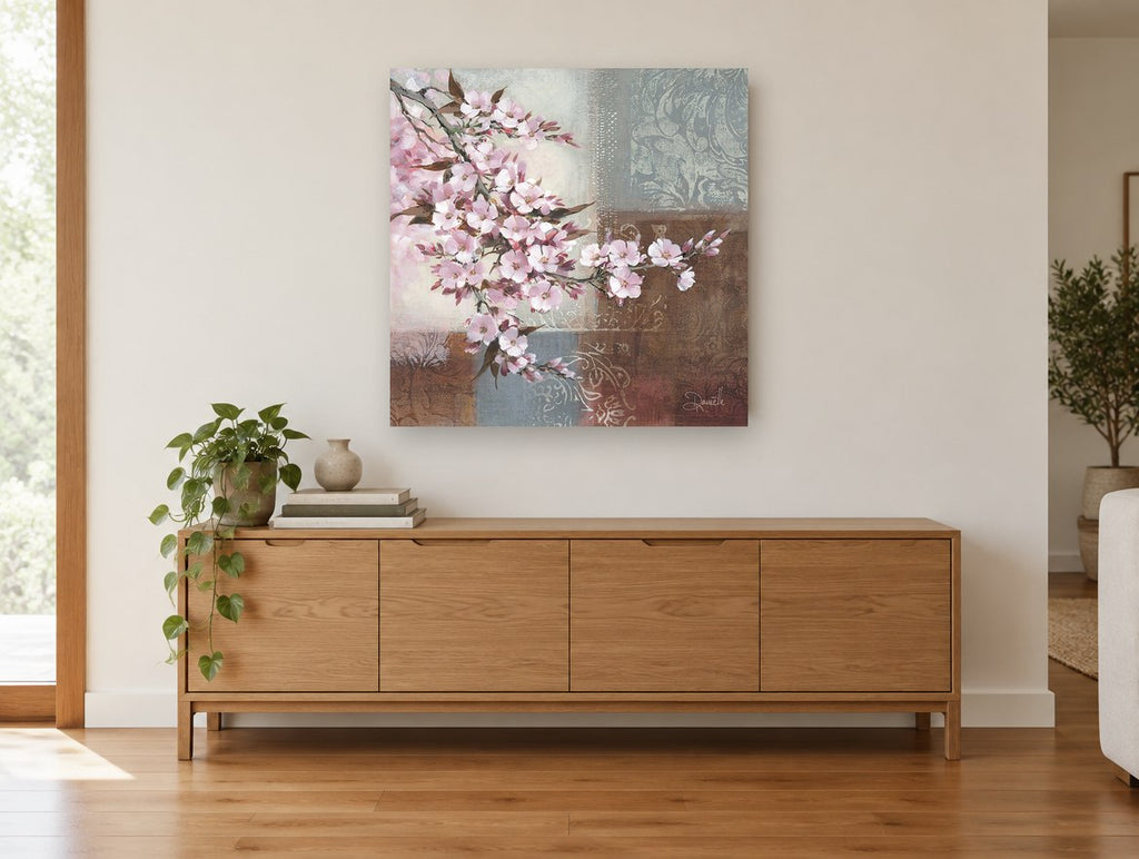 Blossom on Damask Blocks floral canvas print on the wall of a living room above a sideboard