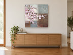 Blossom on Damask Blocks floral canvas print on the wall of a living room above a sideboard