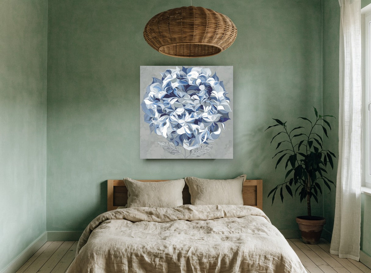 Blue Hydrangea Swirl floral canvas print on the wall of a bedroom