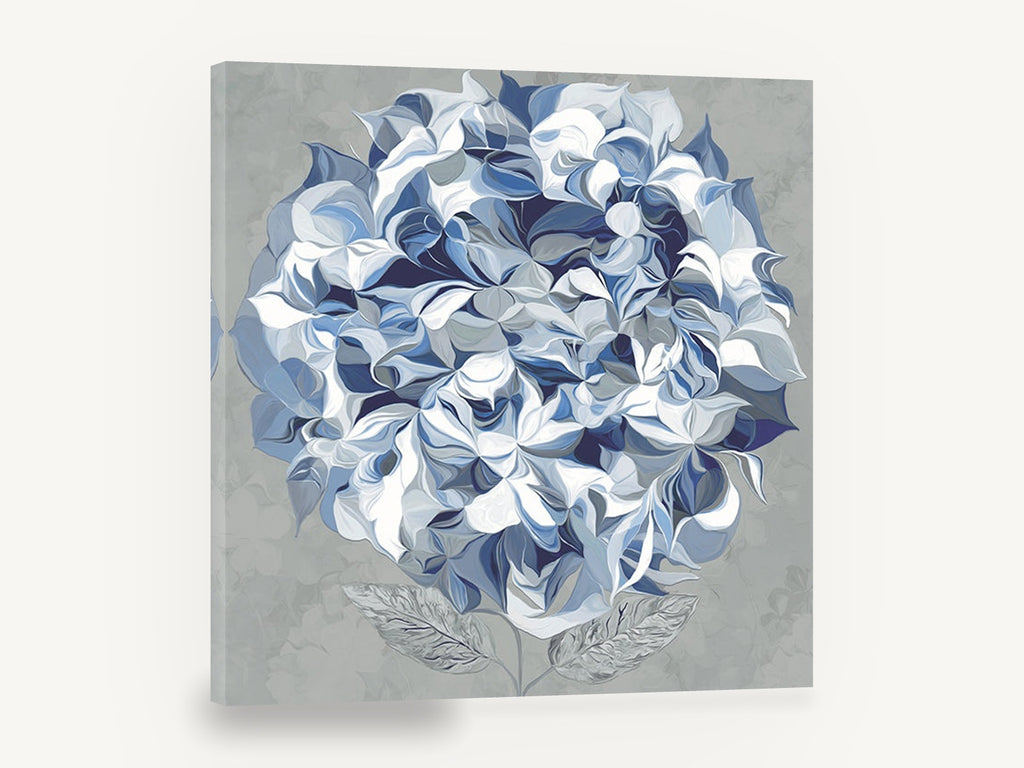 Blue Hydrangea Swirl, blue hydrangea bloom digital floral, floral canvas wall art print ready to hang