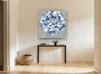 Blue Hydrangea Swirl floral canvas print on the wall of a hallway