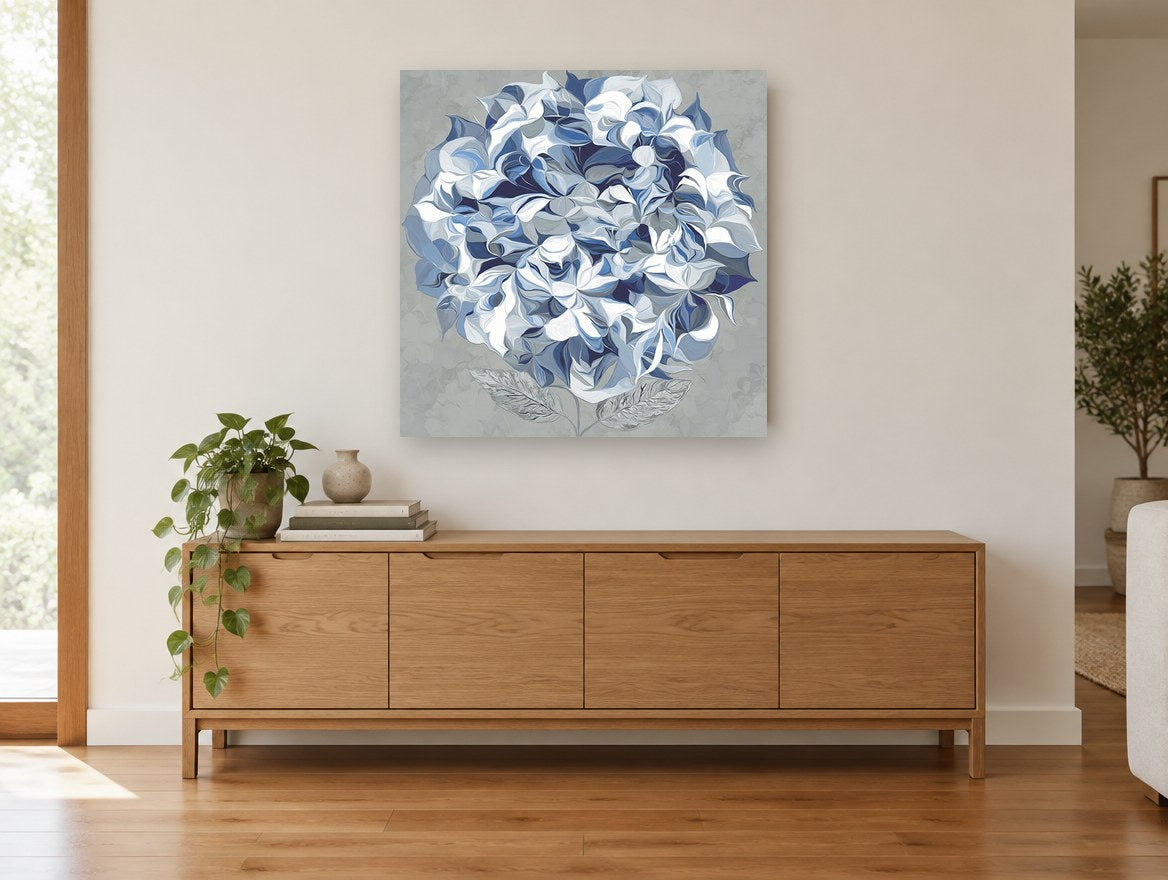 Blue Hydrangea Swirl floral canvas print on the wall of a living room above a sideboard