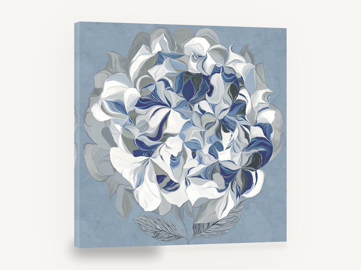 Blue Hydrangea Swirl, blue and white hydrangea floral illustration, floral canvas wall art print ready to hang
