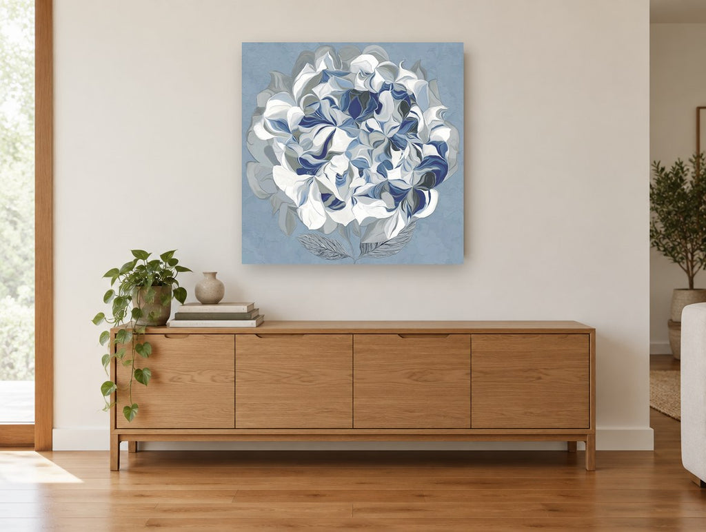 Blue Hydrangea Swirl floral canvas print on the wall of a living room above a sideboard