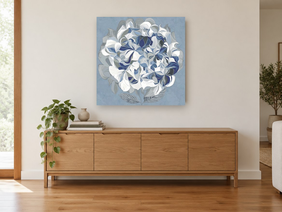 Blue Hydrangea Swirl floral canvas print on the wall of a living room above a sideboard