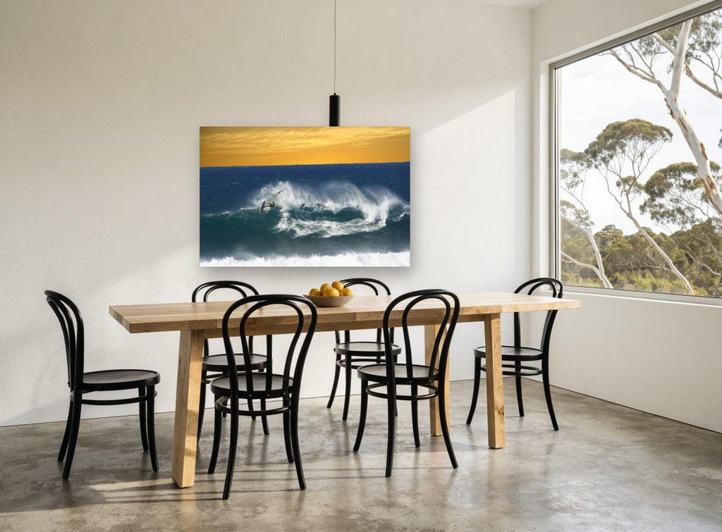 Windsurfer Against Amber Sky coastal canvas print on the wall of a dining room