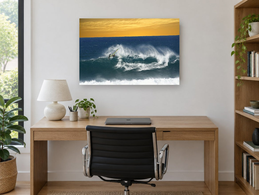 Windsurfer Against Amber Sky coastal canvas print on the wall of a study