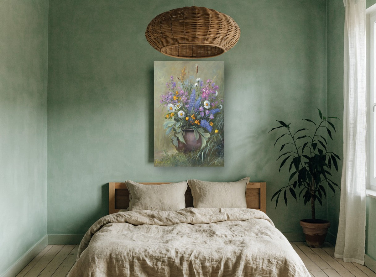 Wildflowers in Clay Pot floral canvas print on the wall of a bedroom
