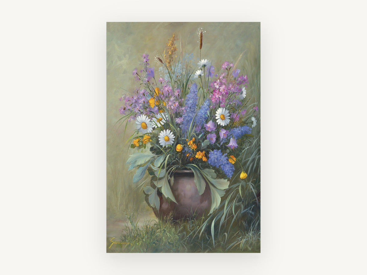 Wildflowers in Clay Pot, floral canvas wall art print, front view
