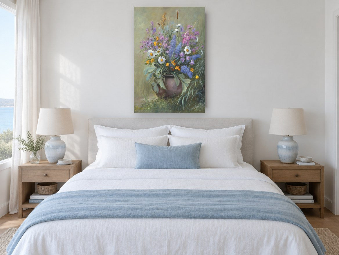 Wildflowers in Clay Pot floral canvas print on the wall of a coastal bedroom