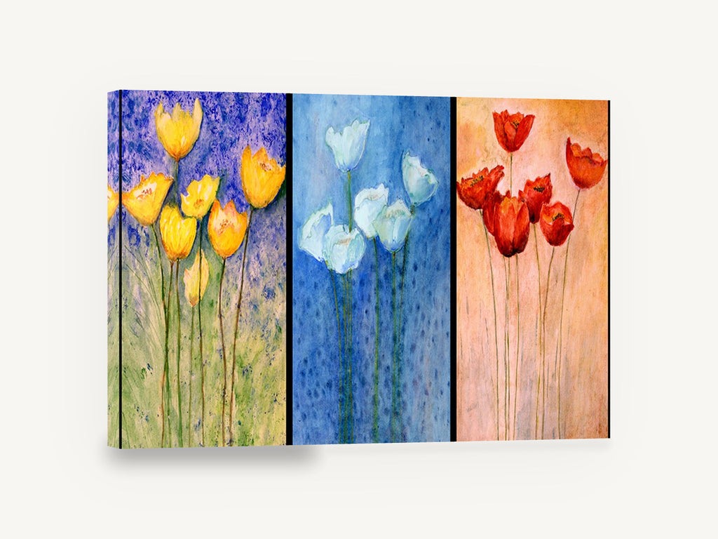 Three Panel Tulip Trio, yellow white red tulips watercolour triptych, floral canvas wall art print ready to hang