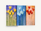 Three Panel Tulip Trio, yellow white red tulips watercolour triptych, floral canvas wall art print ready to hang