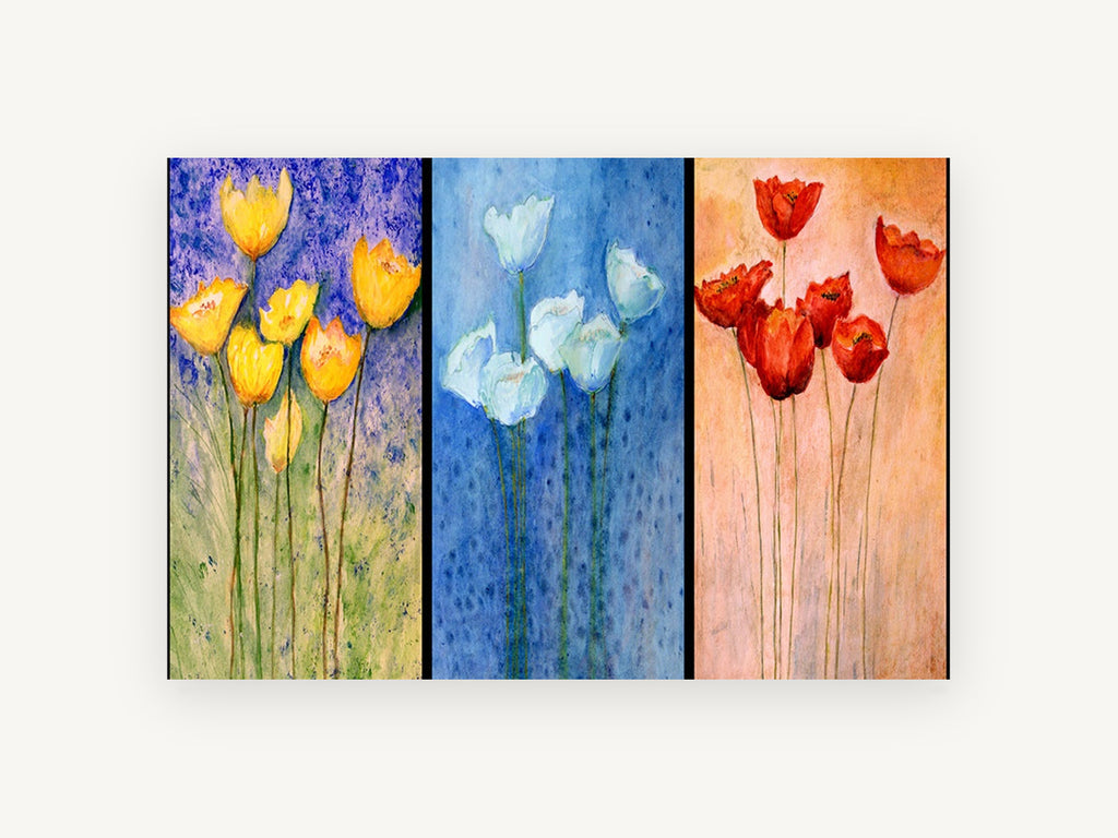 Three Panel Tulip Trio, floral canvas wall art print, front view
