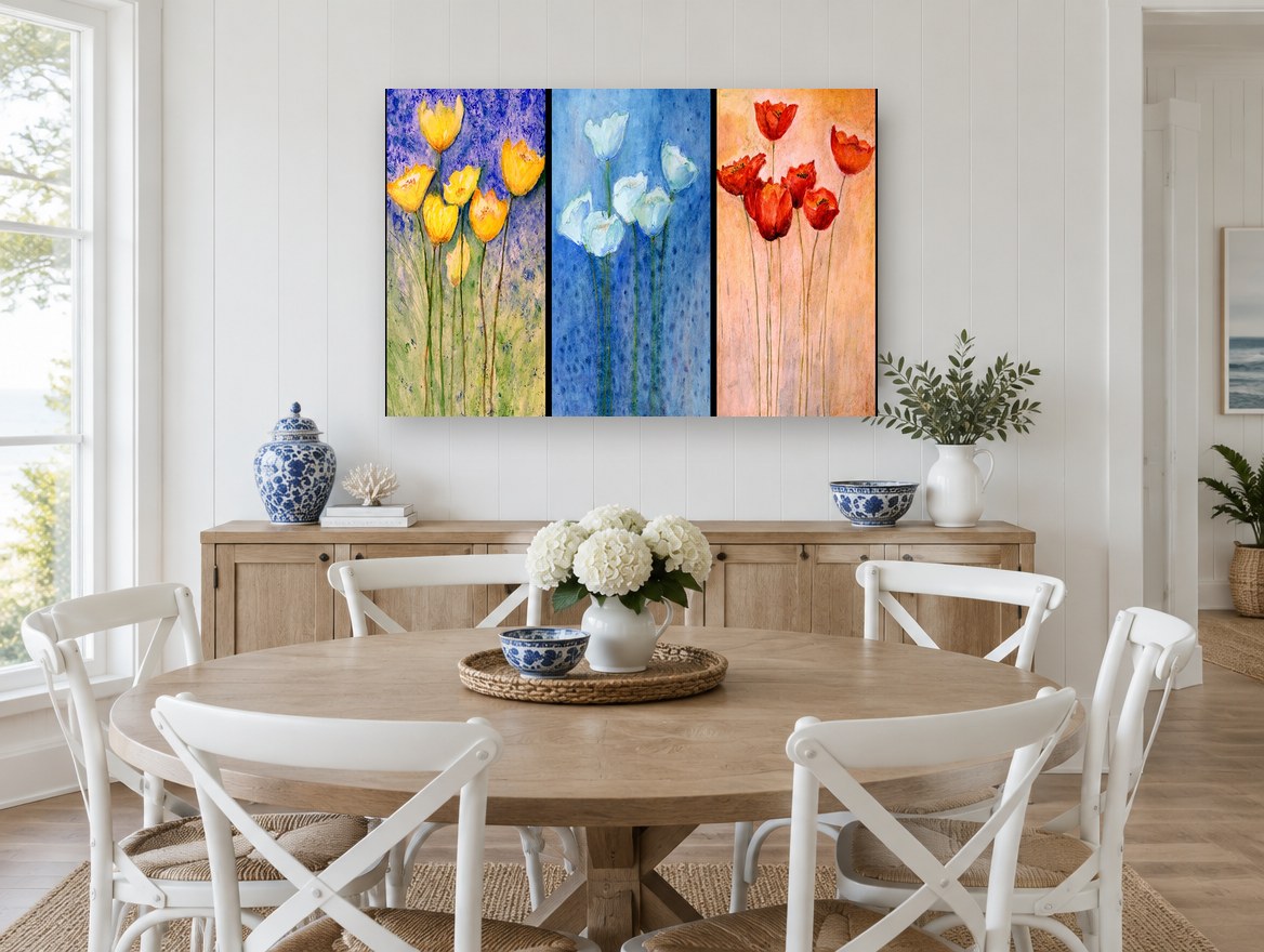 Three Panel Tulip Trio floral canvas print on the wall of a Hamptons dining room