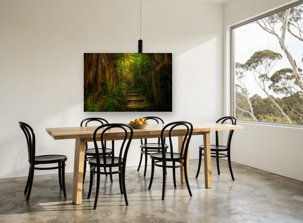 Lantern Jungle Steps landscape canvas print on the wall of a dining room