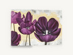 Plum Tulips on Gold, purple tulips gold background floral painting, floral canvas wall art print ready to hang