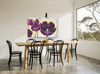 Plum Tulips on Gold floral canvas print on the wall of a dining room