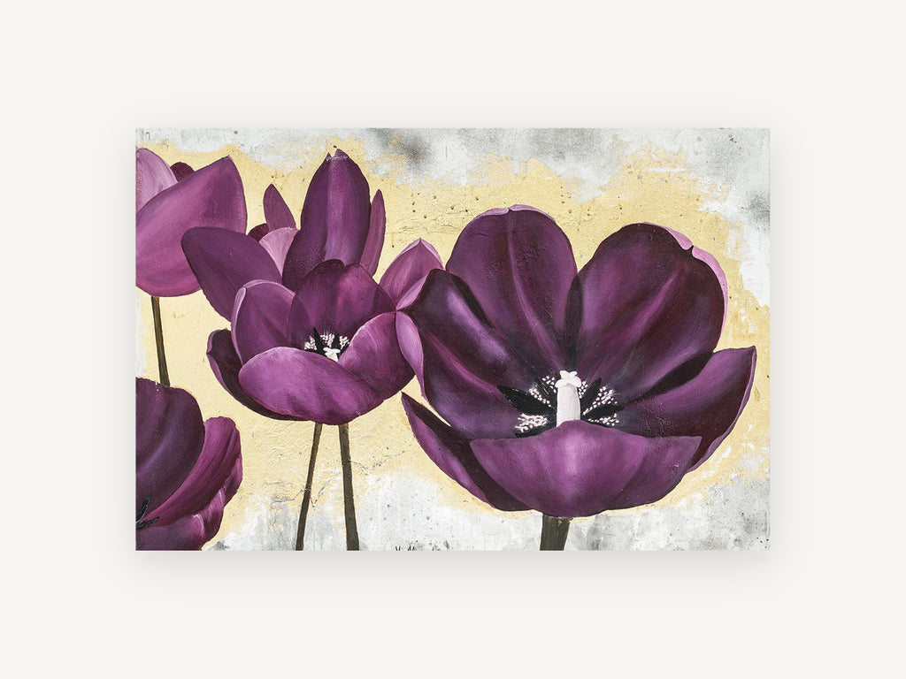 Plum Tulips on Gold, floral canvas wall art print, front view