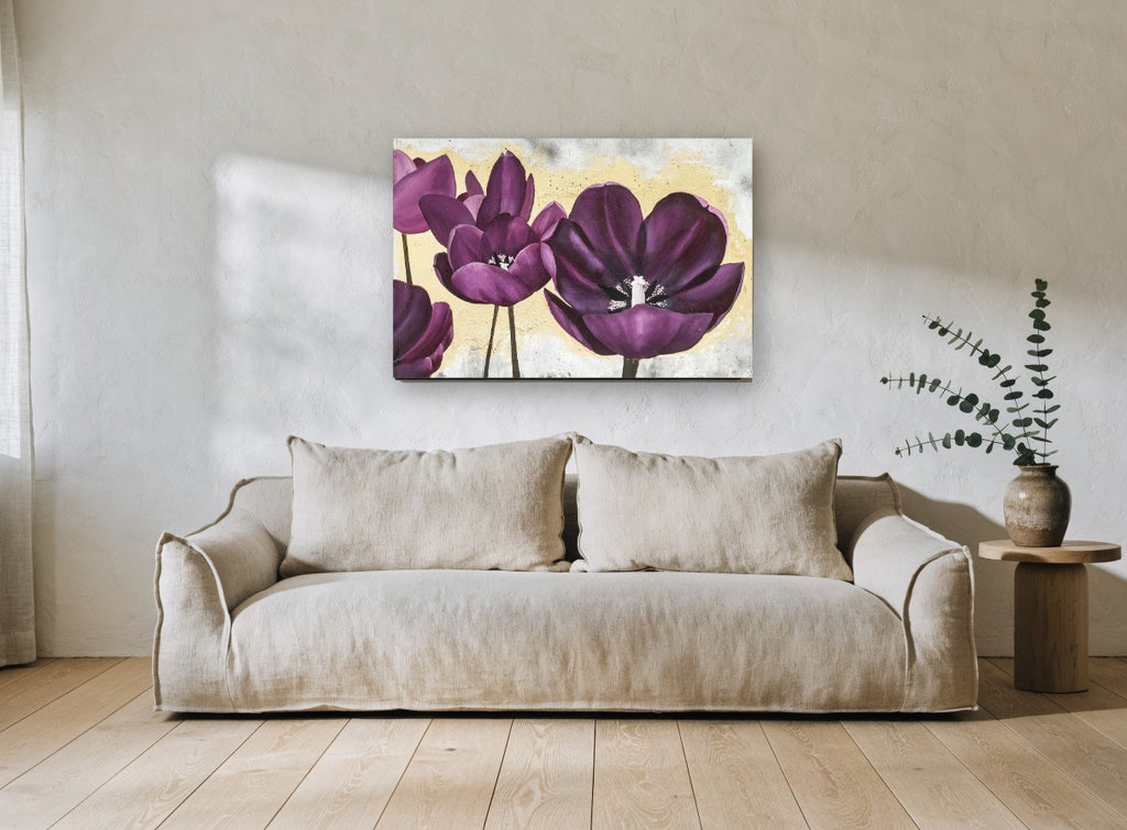 Plum Tulips on Gold floral canvas print on the wall of a living room