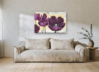 Plum Tulips on Gold floral canvas print on the wall of a living room