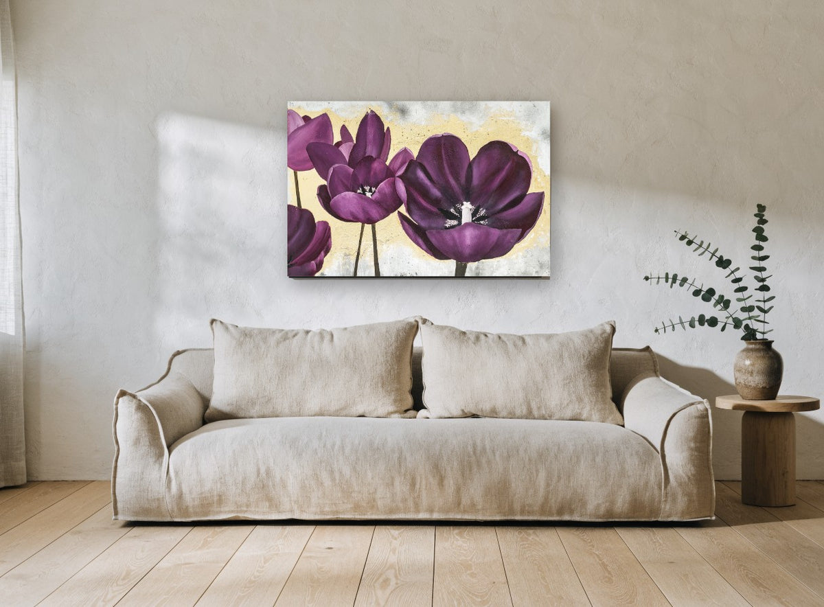 Plum Tulips on Gold floral canvas print on the wall of a living room