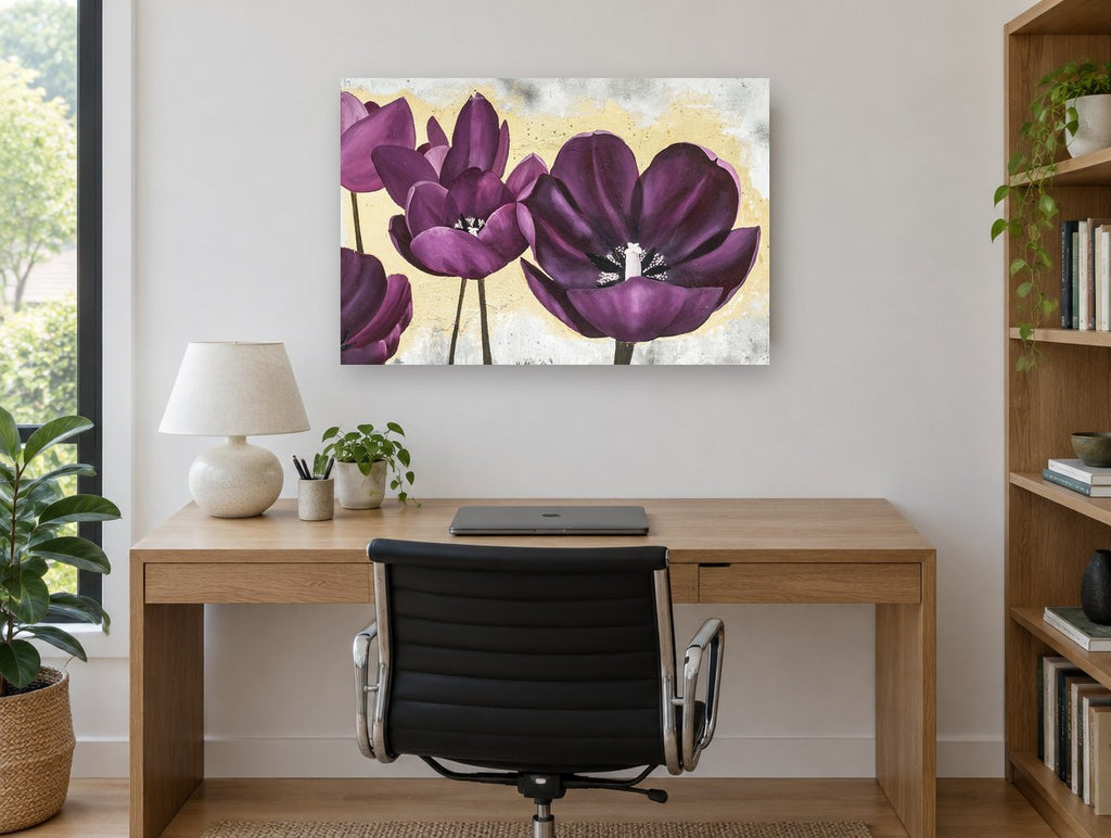 Plum Tulips on Gold floral canvas print on the wall of a study
