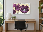 Plum Tulips on Gold floral canvas print on the wall of a study