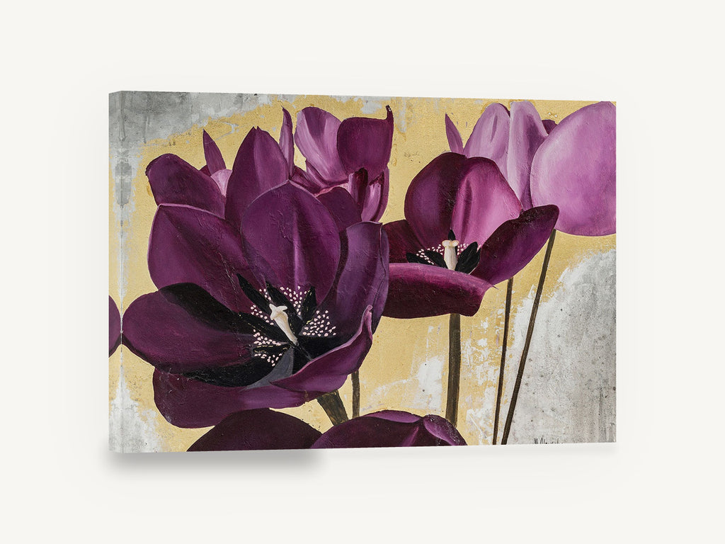 Plum Tulips on Gold, purple tulips gold background floral painting, floral canvas wall art print ready to hang