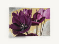 Plum Tulips on Gold, purple tulips gold background floral painting, floral canvas wall art print ready to hang