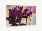 Plum Tulips on Gold, purple tulips gold background floral painting, floral canvas wall art print ready to hang