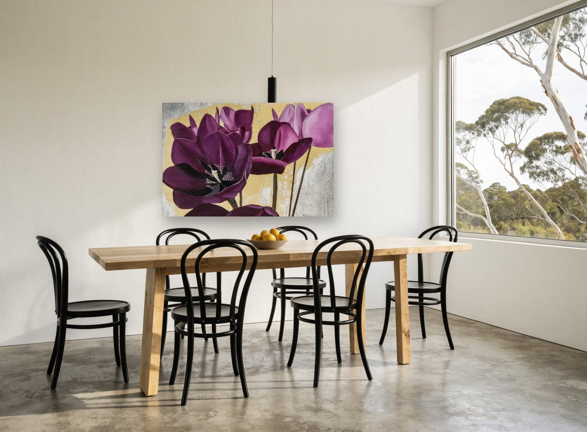 Plum Tulips on Gold floral canvas print on the wall of a dining room