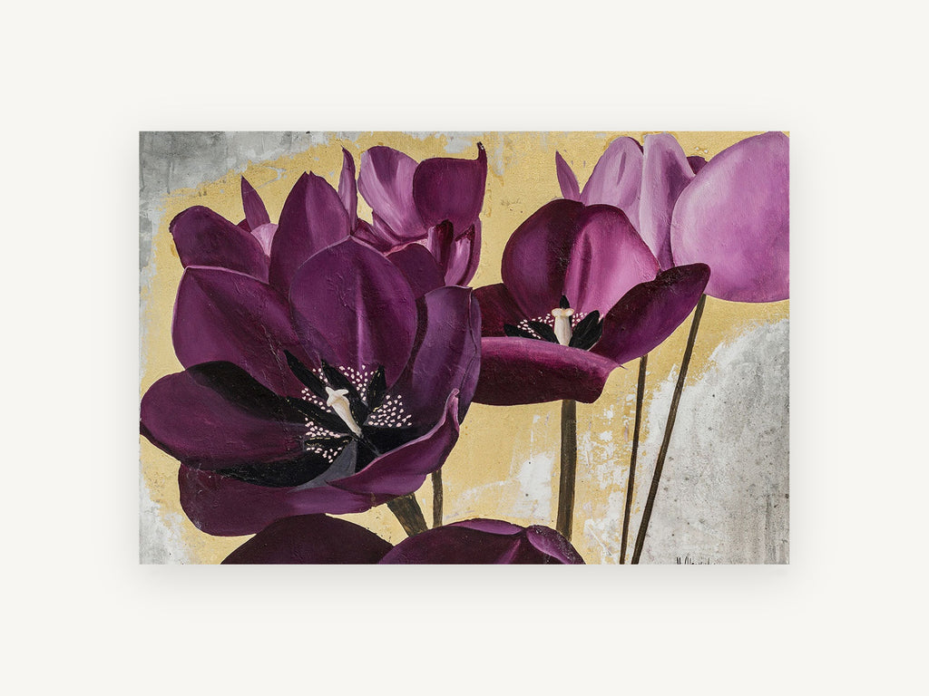 Plum Tulips on Gold, floral canvas wall art print, front view